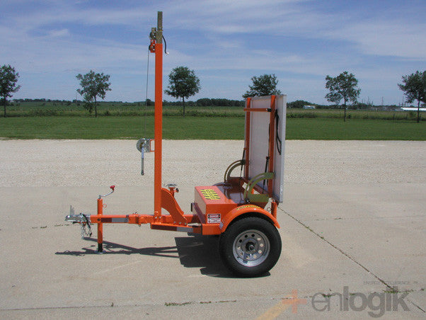 The solar panel is shown in full upright position. This is used for access to the battery box which houses two AGM no-maintenance batteries, 110-220 volt battery charger and other essentials. By the way, the battery charger serves two purposes: first to pre-charge the batteries before deployment and second as an optional power source when not set up at a remote location.