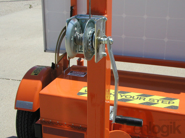 The winch is used to raise and lower the three stage mast. Wires for the electronics at the top of the mast are enclosed and fed from inside the battery box.